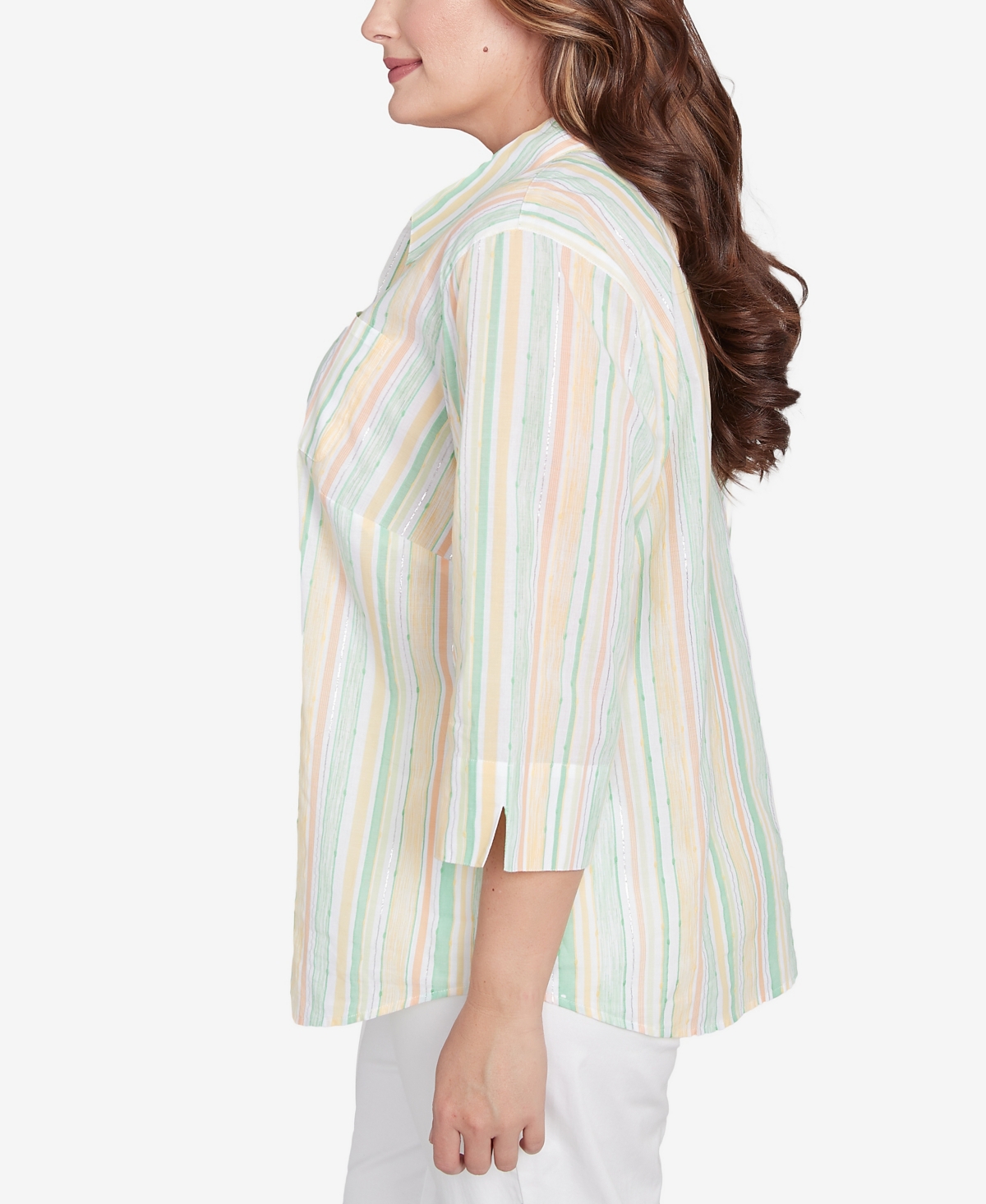 Alfred Dunner Plus Size Rise And Shine Sunny Stripes Button Down Top In Lime Multi