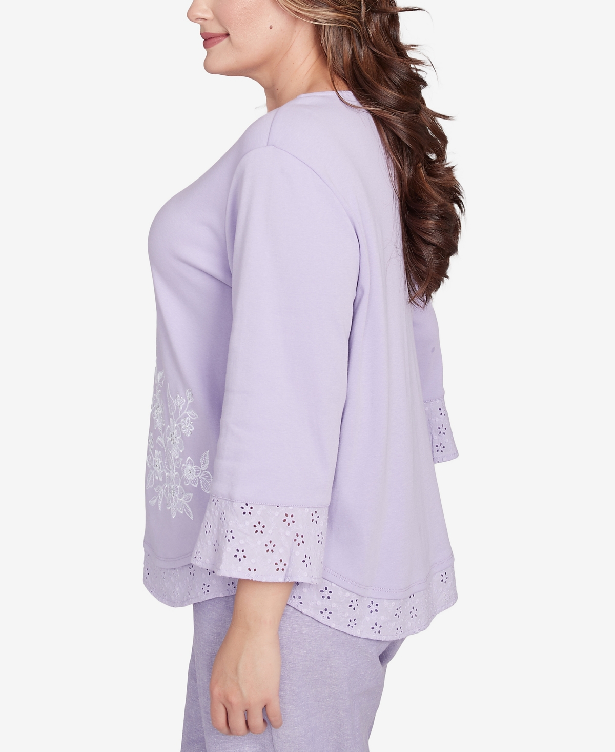 Alfred Dunner Plus Size Crystal Springs Floral Embroidered Eyelet Sleeve Top In Lilac