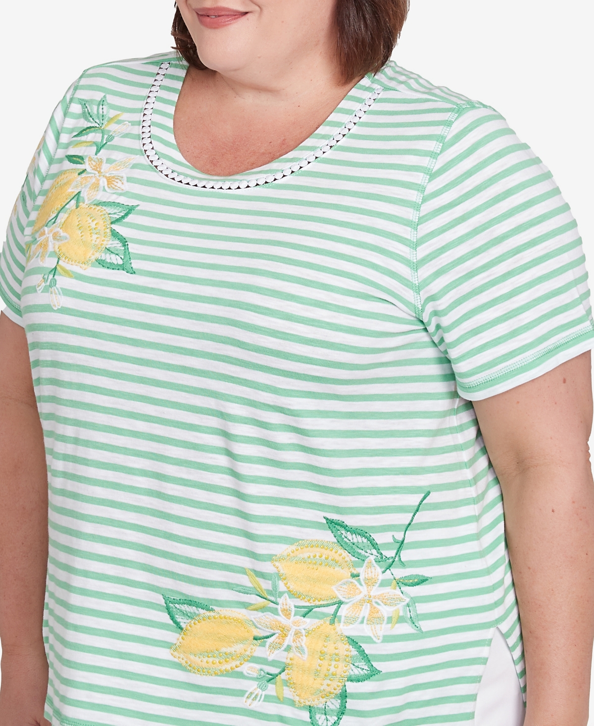 Alfred Dunner Plus Size Rise And Shine Lemon Printed Striped Top In Lime