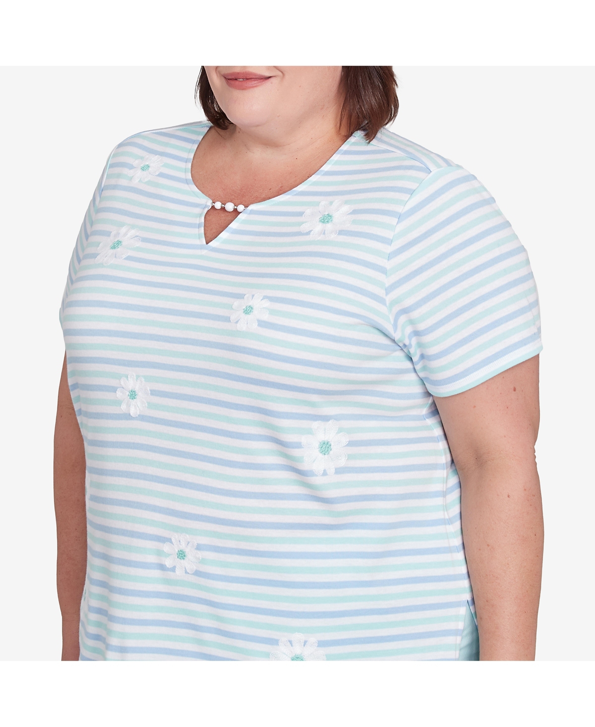 Alfred Dunner Plus Size St. Thomas Embroidered Daisy Striped Top In Mint Multi