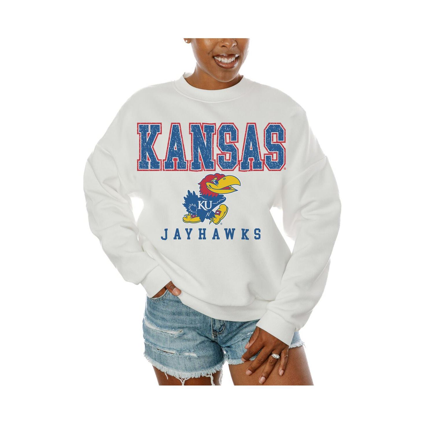 Women's White Kansas Jayhawks Freestyle Fleece Pullover Sweatshirt