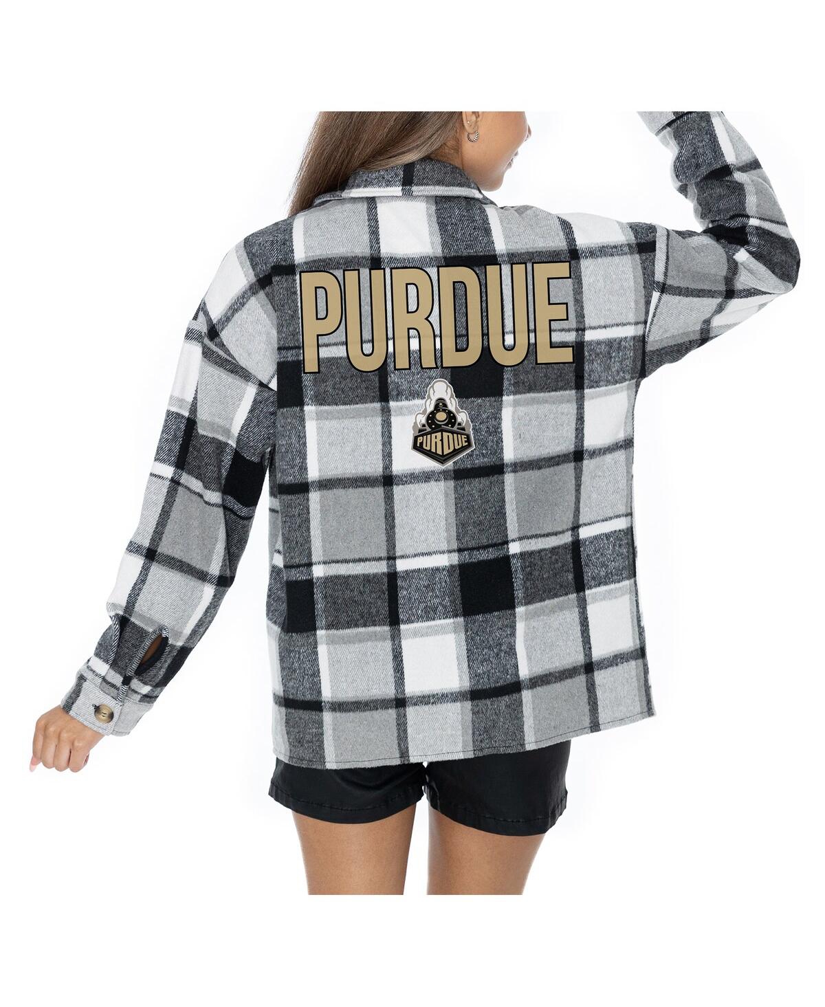 GAMEDAY COUTURE WOMEN'S GREY PURDUE BOILERMAKERS LONG SLEEVE BRUSHED PLAID BUTTON-UP OVERSHIRT JACKET 