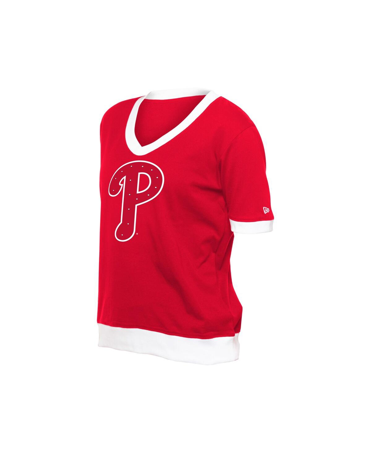 NEW ERA WOMEN'S RED PHILADELPHIA PHILLIES GAME DAY RHINESTONE V-NECK T-SHIRT 