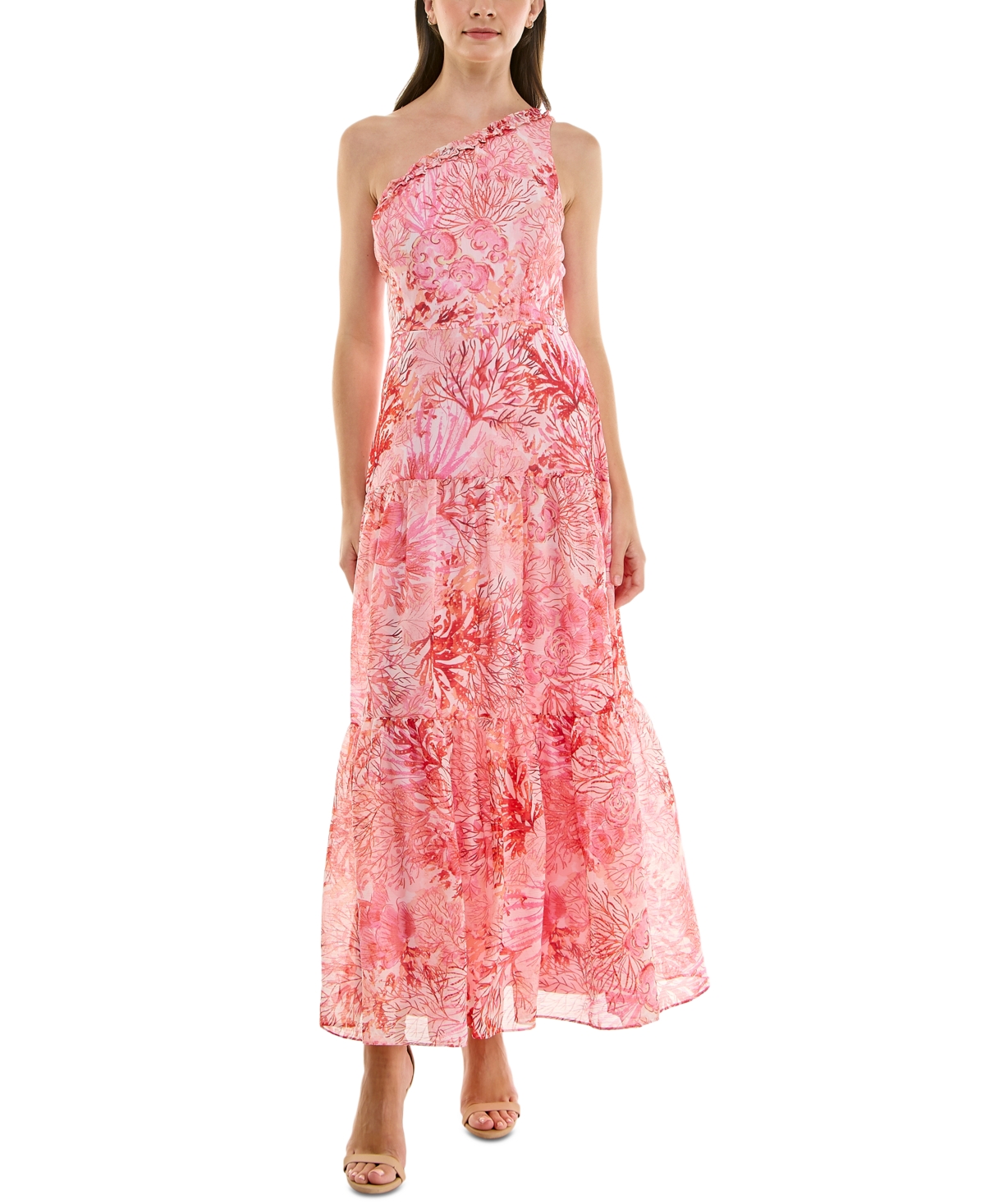 Women's Ruffled One-Shoulder Chiffon Maxi Dress - Cream/red Sea