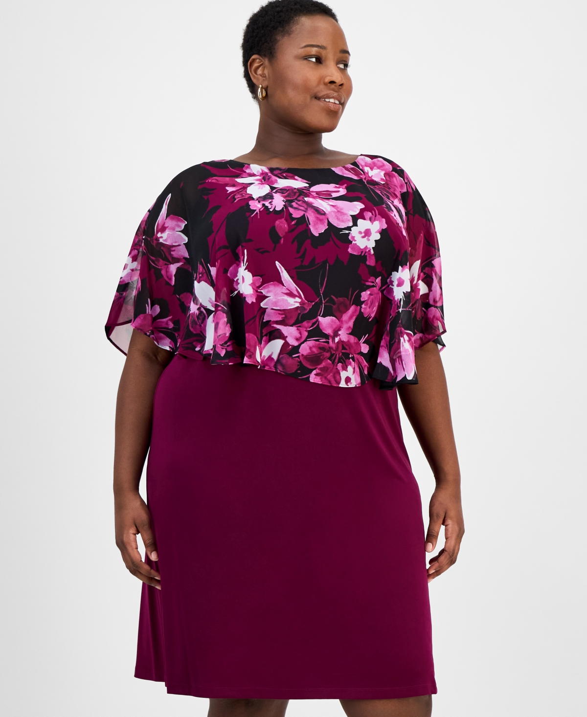 Connected Plus Size Floral-print Capelet Sheath Dress