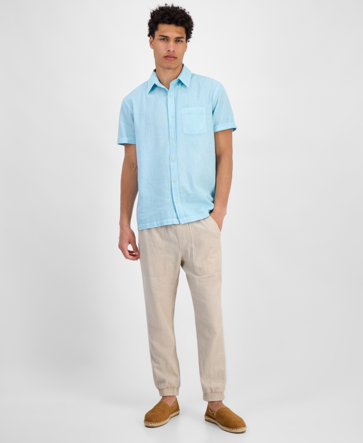 Shop Sun + Stone Men's Blake Linen Chambray Short Sleeve Button-front Shirt, Created For Macy's