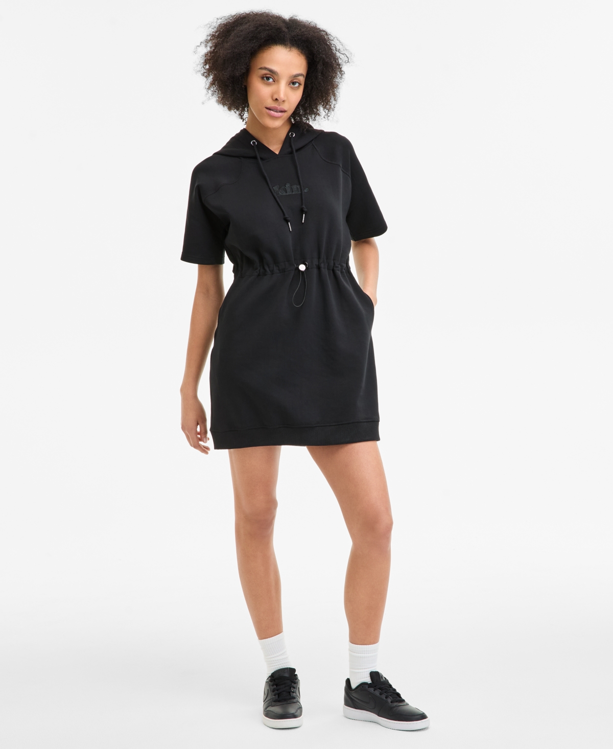 Women's Hooded Drawstring-Waist Short-Sleeve Dress - Black