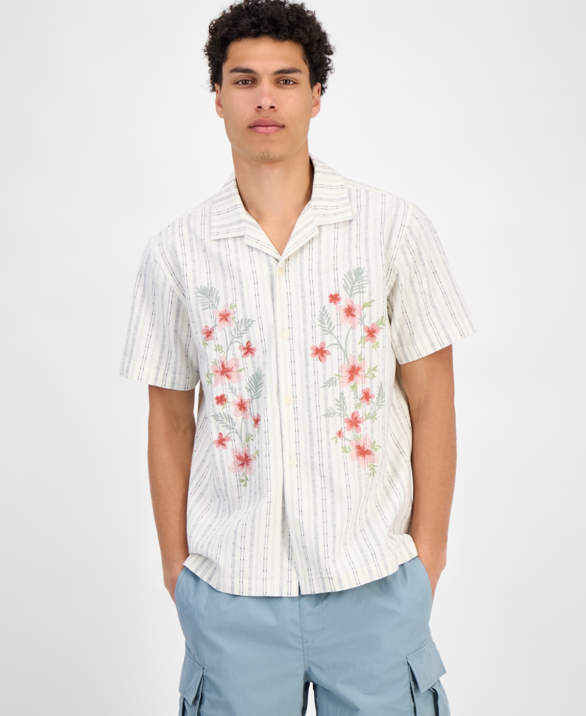 Men's Luke Short Sleeve Striped Floral Button-Front Camp Shirt, Exclusively at Macy's - Winter Ivory