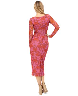 open lace back dress PINK & ORANGE OMBRE ONE SHOULDER RUCHED MESH MIDI DRESS main image 0