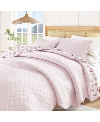 Cotton Stitched Reversible Floral 3 Piece Quilt and Sham Set