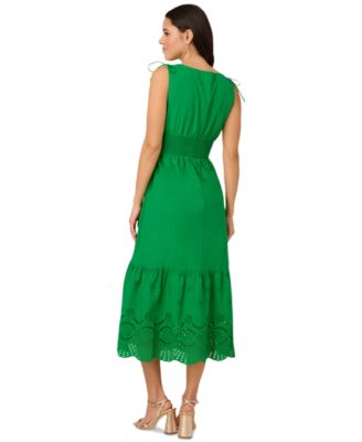 Women's Smocked-Waist Tie-Sleeve Eyelet Cotton Sundress