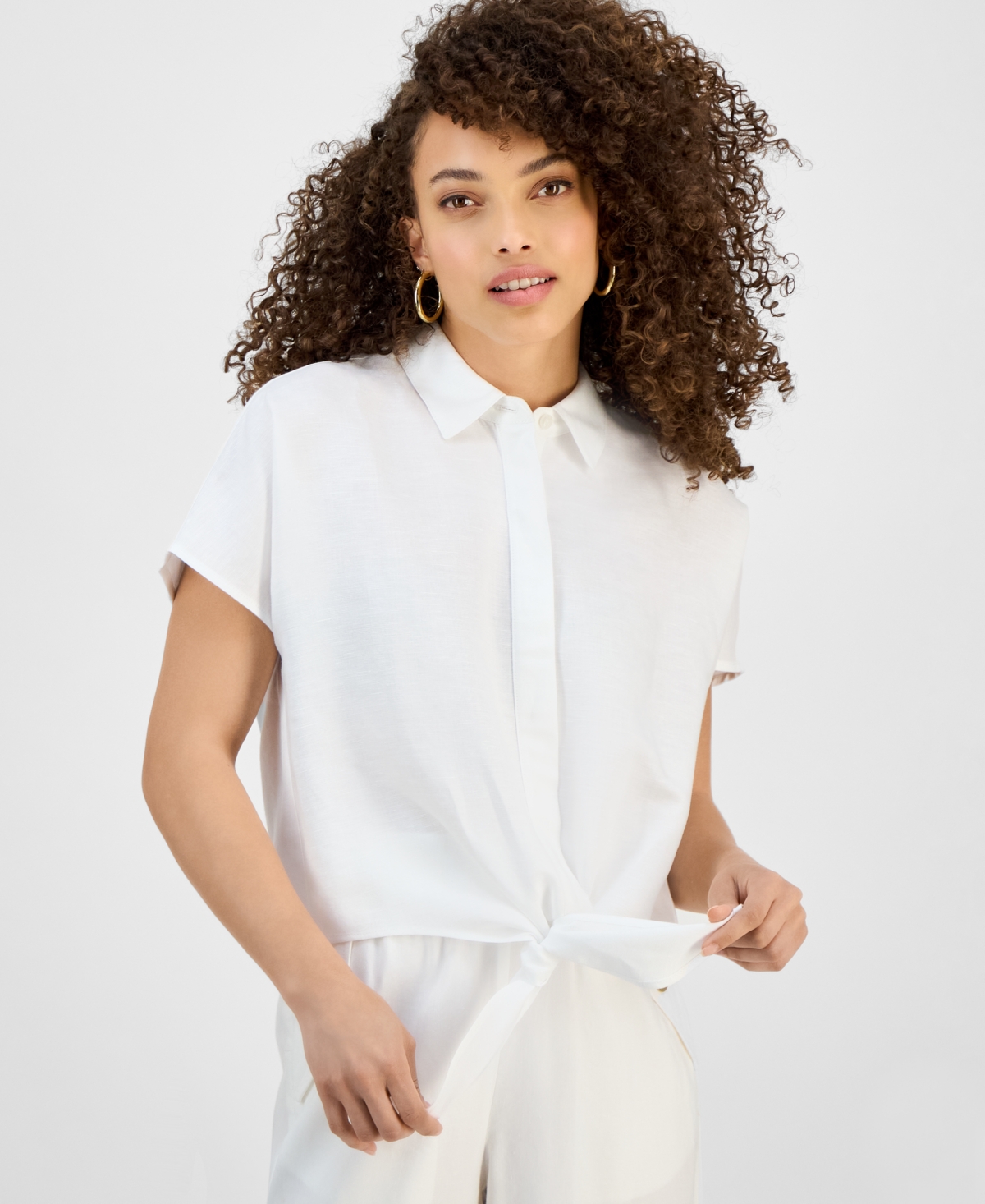 Inc International Concepts Petite Tie-hem Short-sleeve Blouse, Exclusive At Macy's