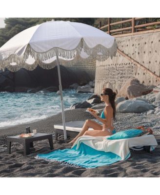 6Ft Fringe Patio Umbrella with Push Button Tilt Carry Bag