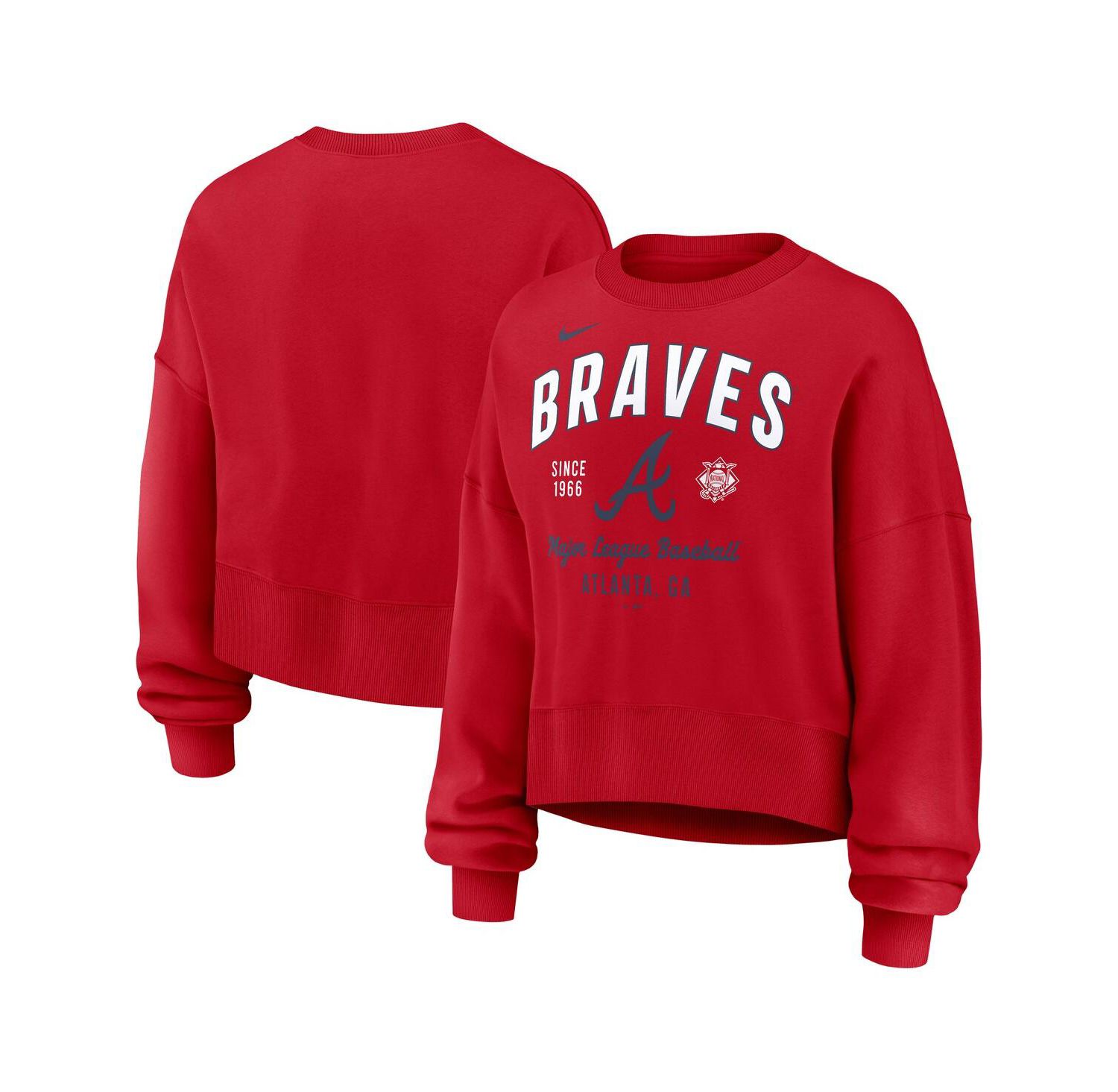 Women's Red Atlanta Braves Oversized Long Sleeve Cropped Pullover Sweatshirt