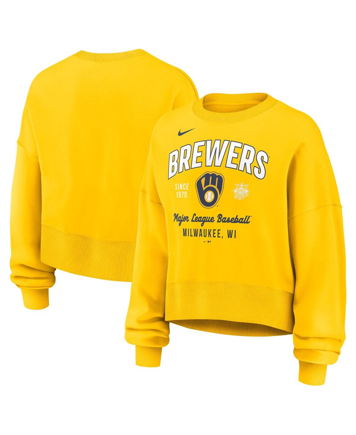 Nike Women's Gold Milwaukee Brewers Oversized Long Sleeve Cropped Pullover Sweatshirt In Gold