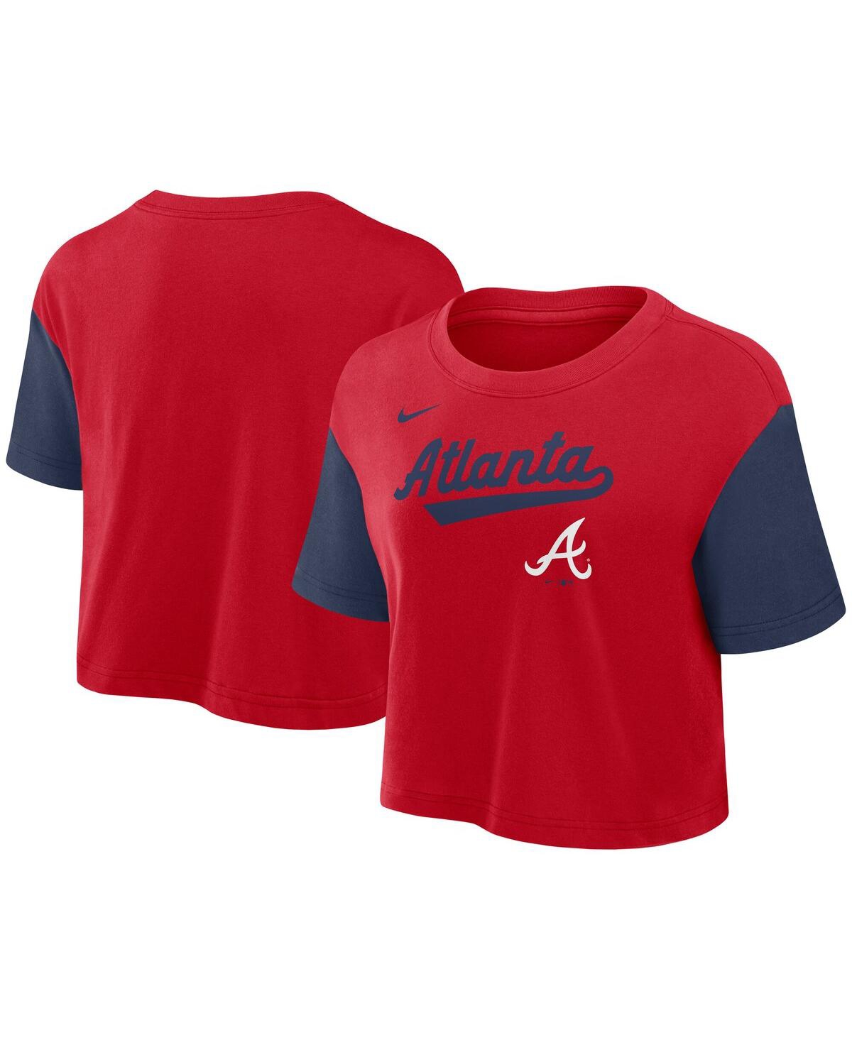 Nike Women's Red/navy Atlanta Braves Script Cropped Performance T-shirt In Red,navy