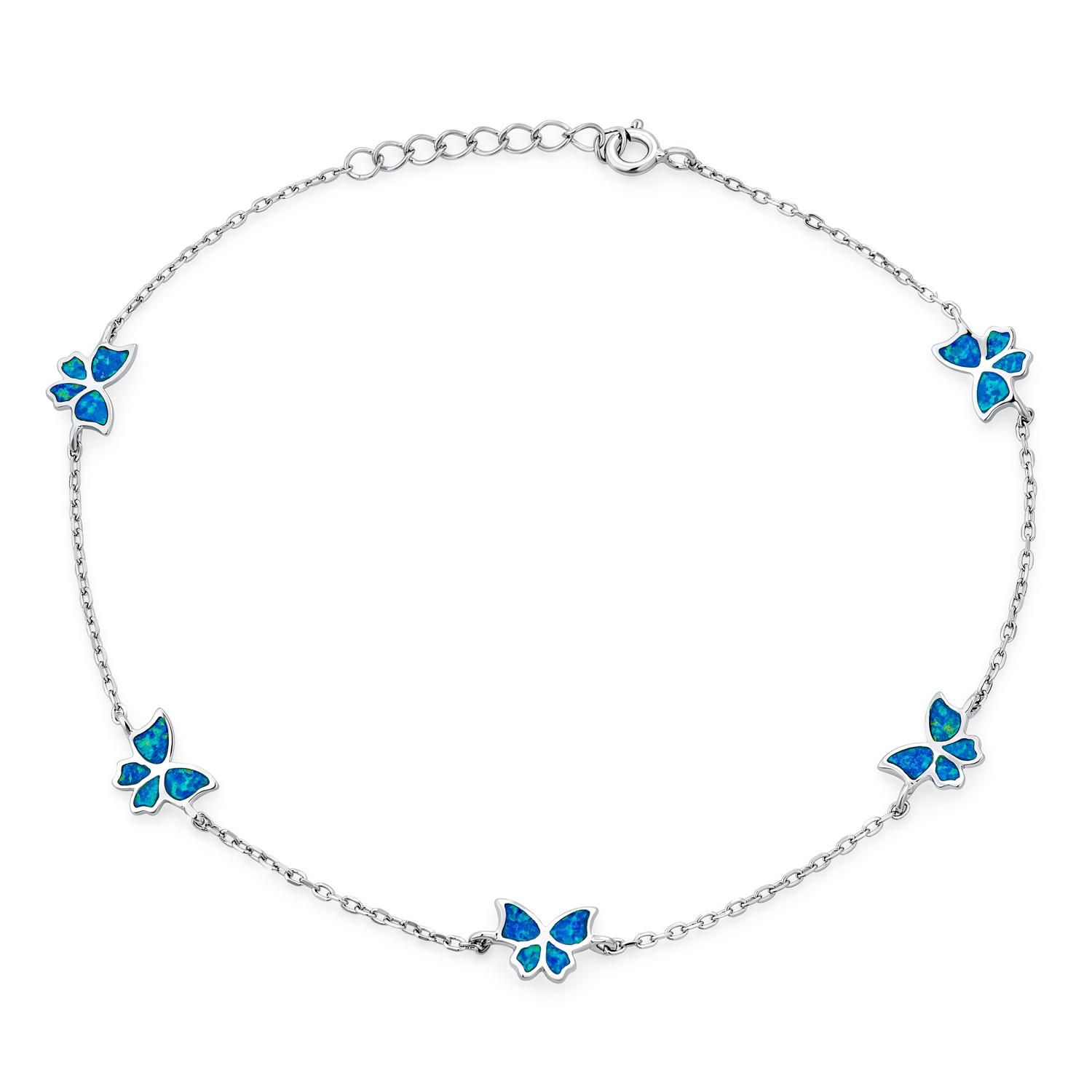 Created Blue Opal Butterfly Charm Anklet Ankle Bracelet Sterling Silver