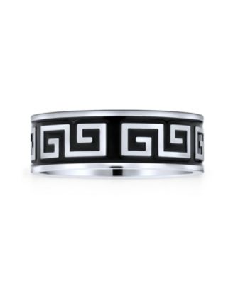 Geometric Ancient Fret Greek Key Pattern Flat Eternity Band Ring Black Silver Two Tone Stainless Steel 8MM