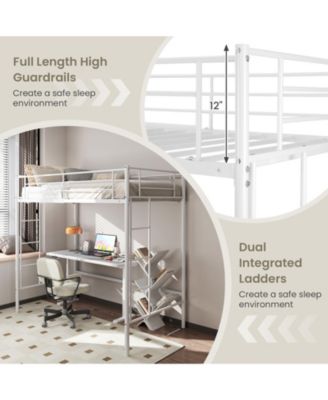 Twin Loft Bed Frame with 2 Ladders Full-length Guardrail