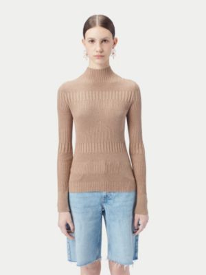 Women's High-neck Ribbed Cotton Silk Cashmere Blend Sweater