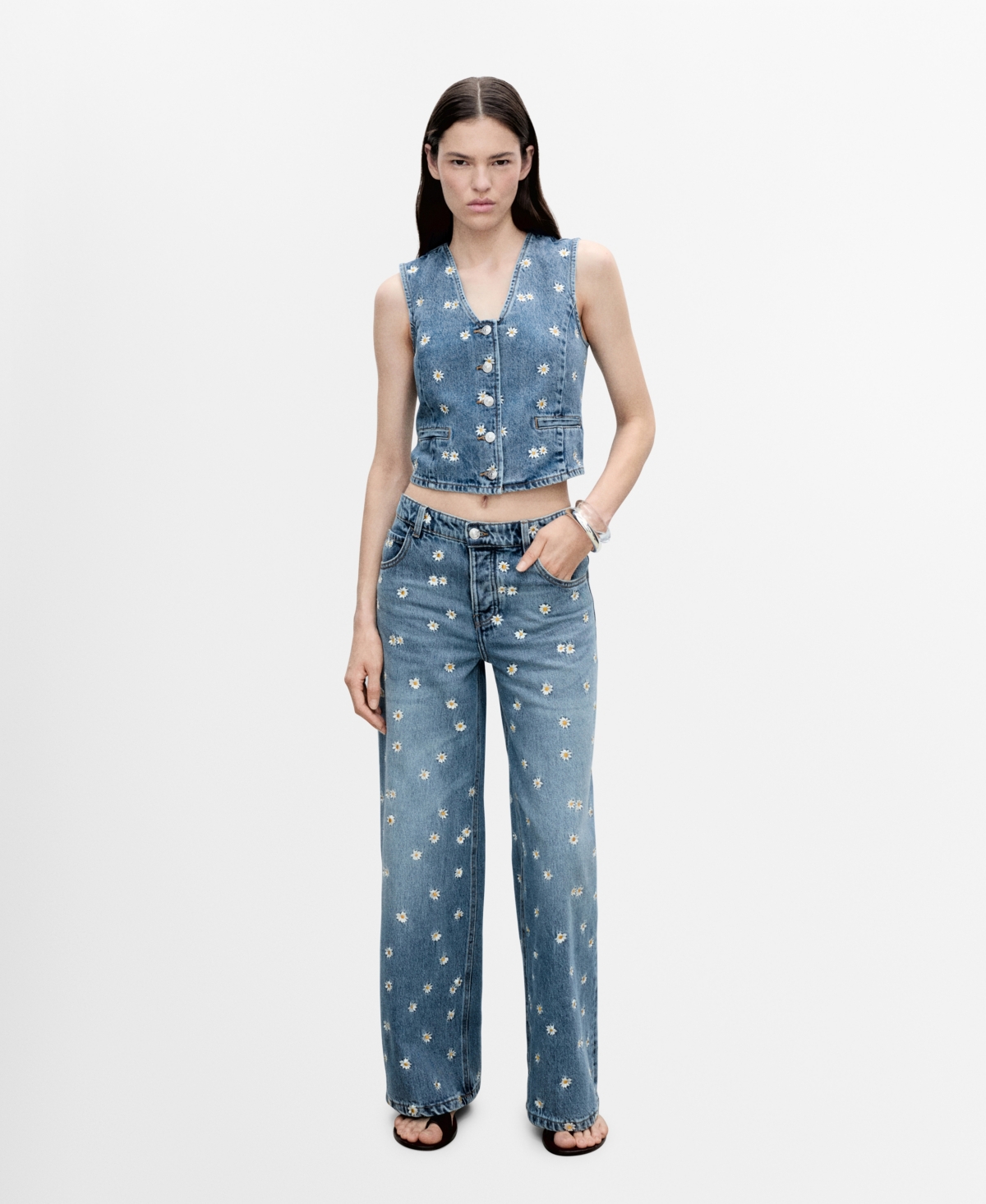 Mango Massy Daisy Embroidered Denim Crop Vest In Medium Blue