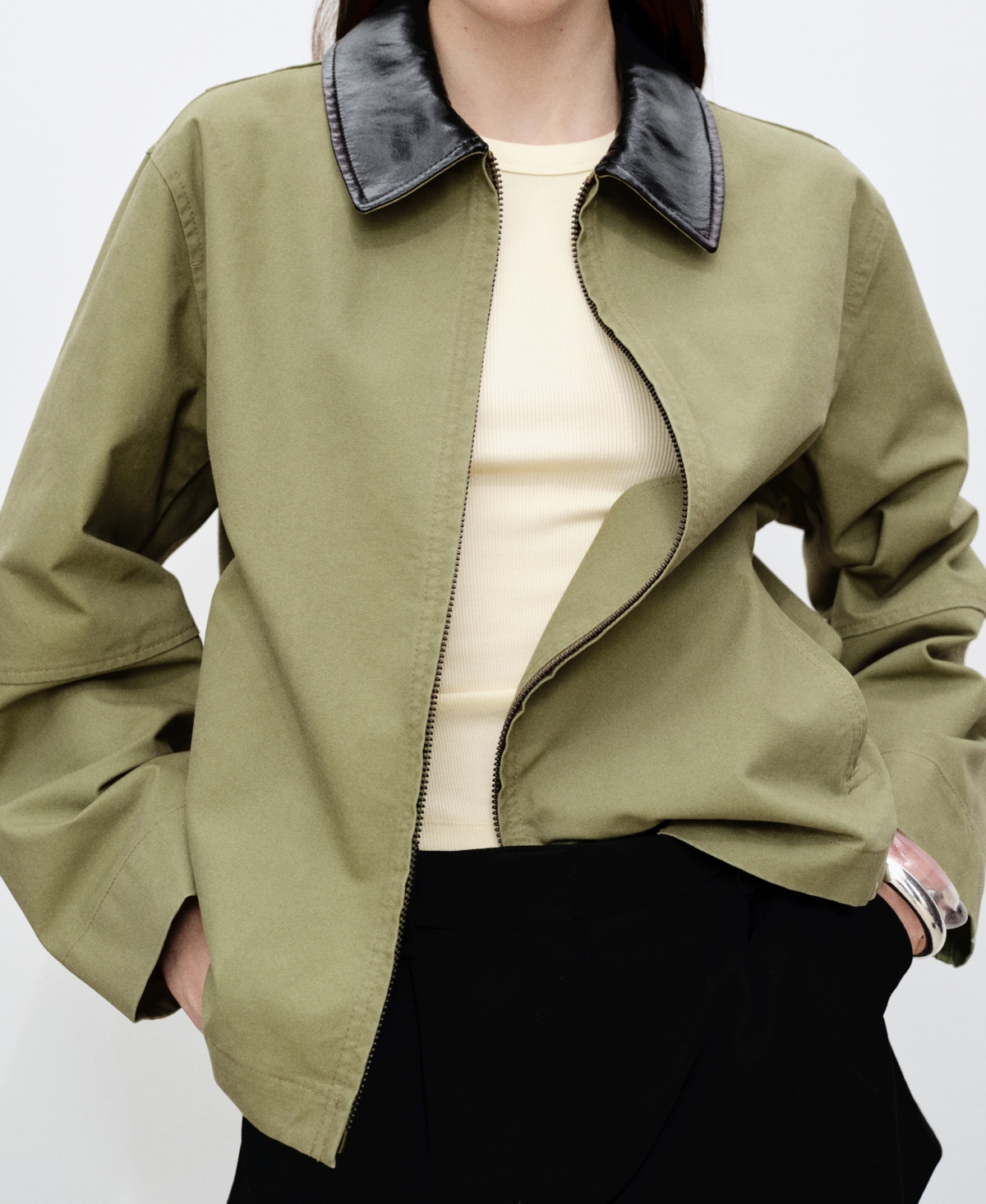 Mango Contrast Collar Cotton Jacket Khaki In Khaki