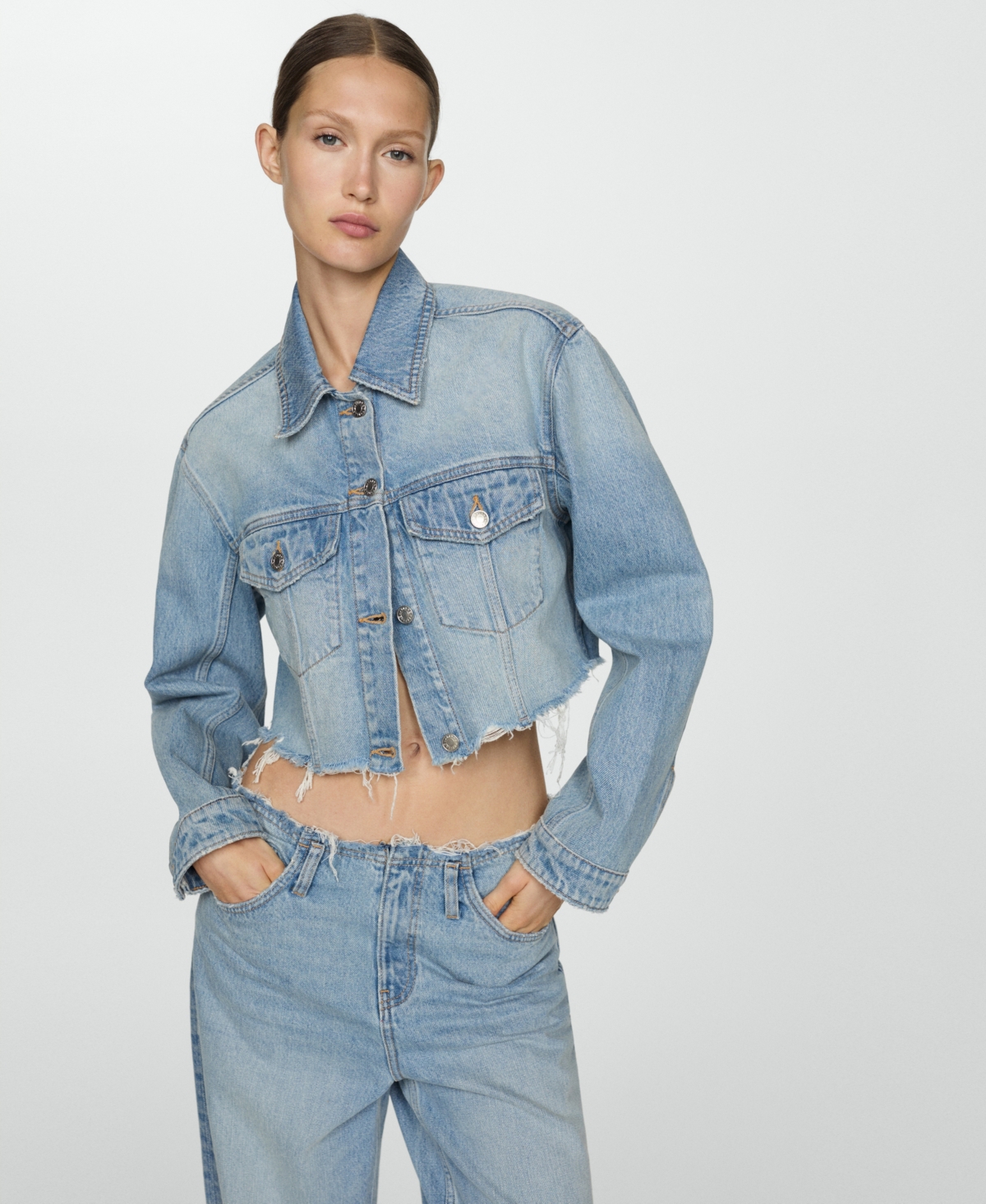 Mango Denim Jacket With Frayed Hem Medium Blue In Medium Blue