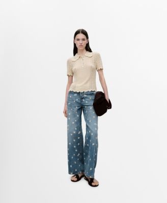 MANGO - Women's Flower-Embroidered Wide Leg Jeans