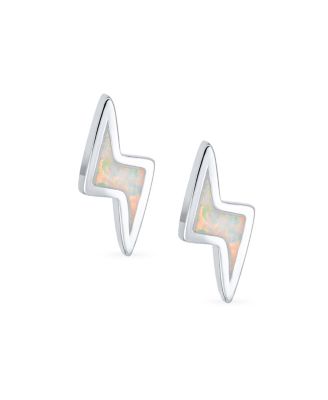 Geometric Created Opal Inlay Zig Zag Flash Electrify Lightning Bolt Stud Earrings .925 Sterling