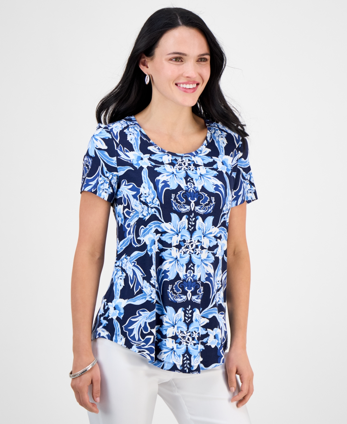 Jm Collection Petite Bali Escape Short-sleeve Top, Exclusively At Macy's
