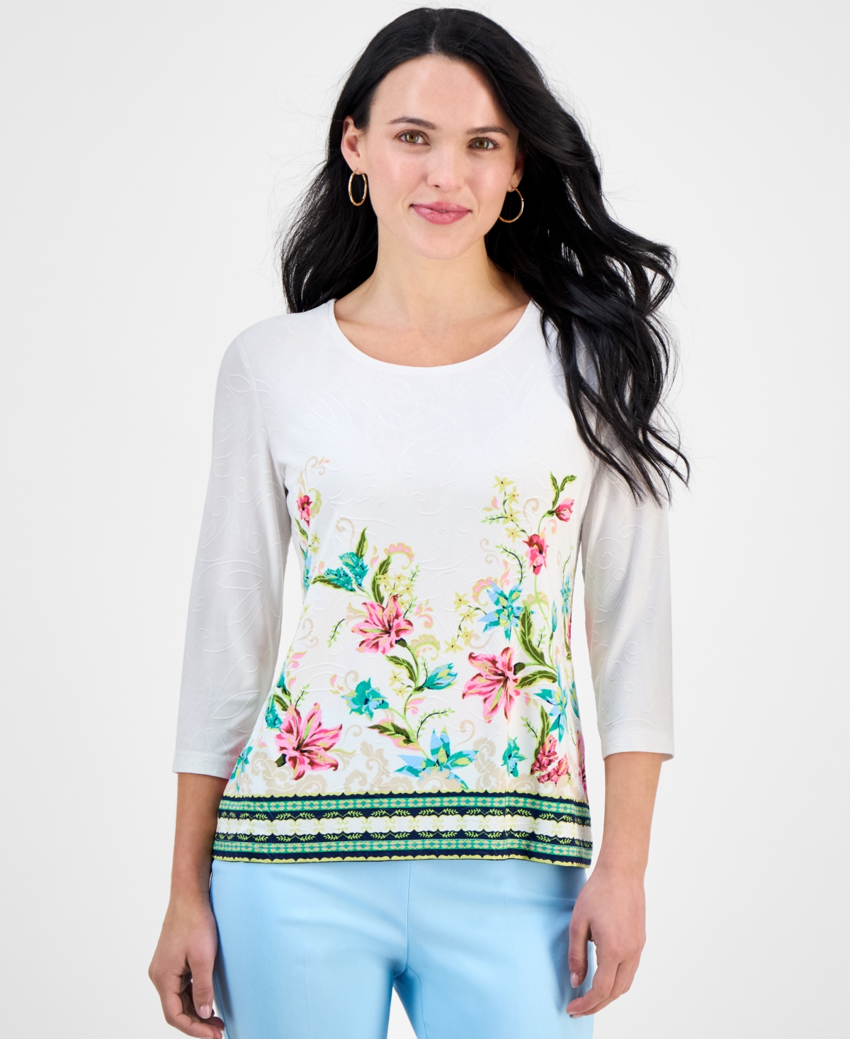 JM COLLECTION PETITE JACQUARD 3/4-SLEEVE TOP, EXCLUSIVELY AT MACY'S 