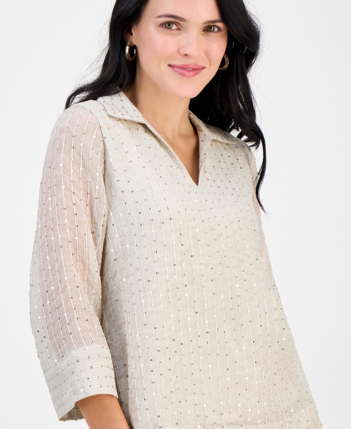 JM COLLECTION PETITE SEQUINNED SPLIT-NECK 3/4-SLEEVE TOP, EXCLUSIVELY AT MACY'S 