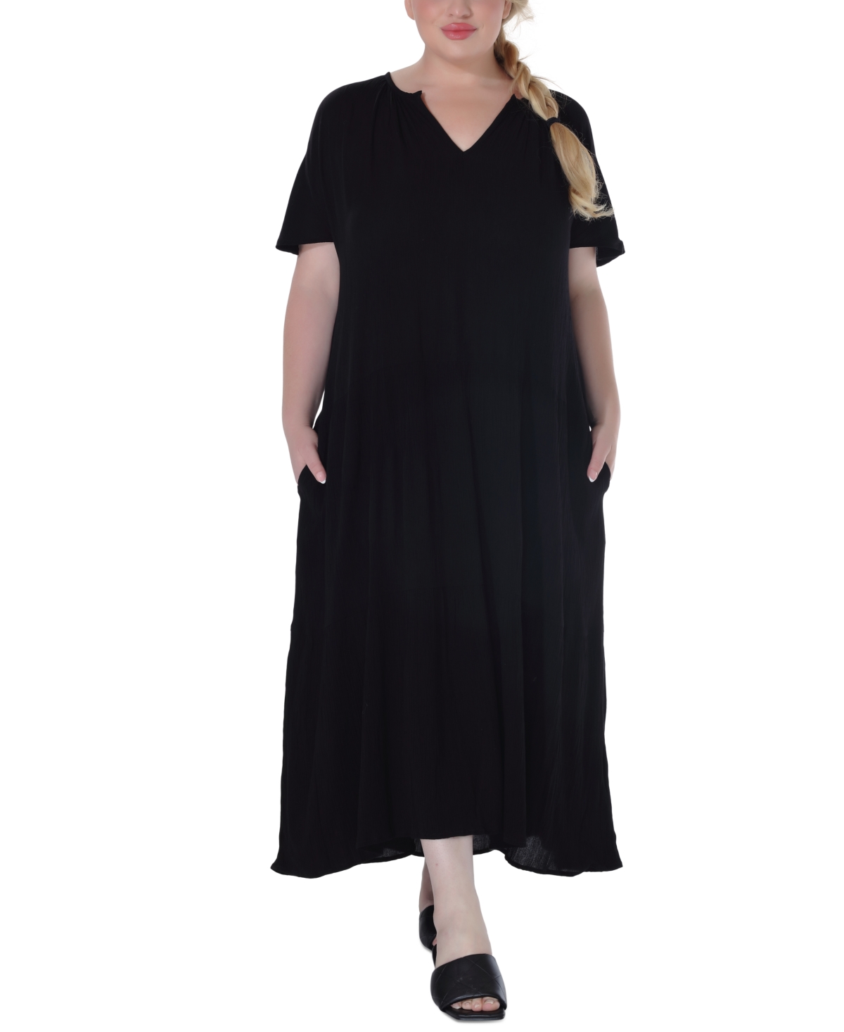 Ravyia Plus Size Short-Sleeve Textured Cover-Up Dress - Black