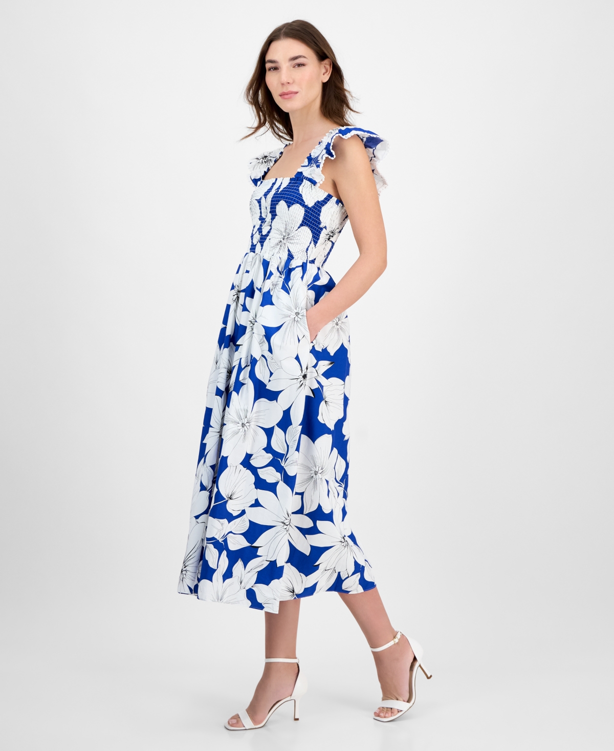 Anne Klein Women's Smocked Ruffled-strap Midi Dress