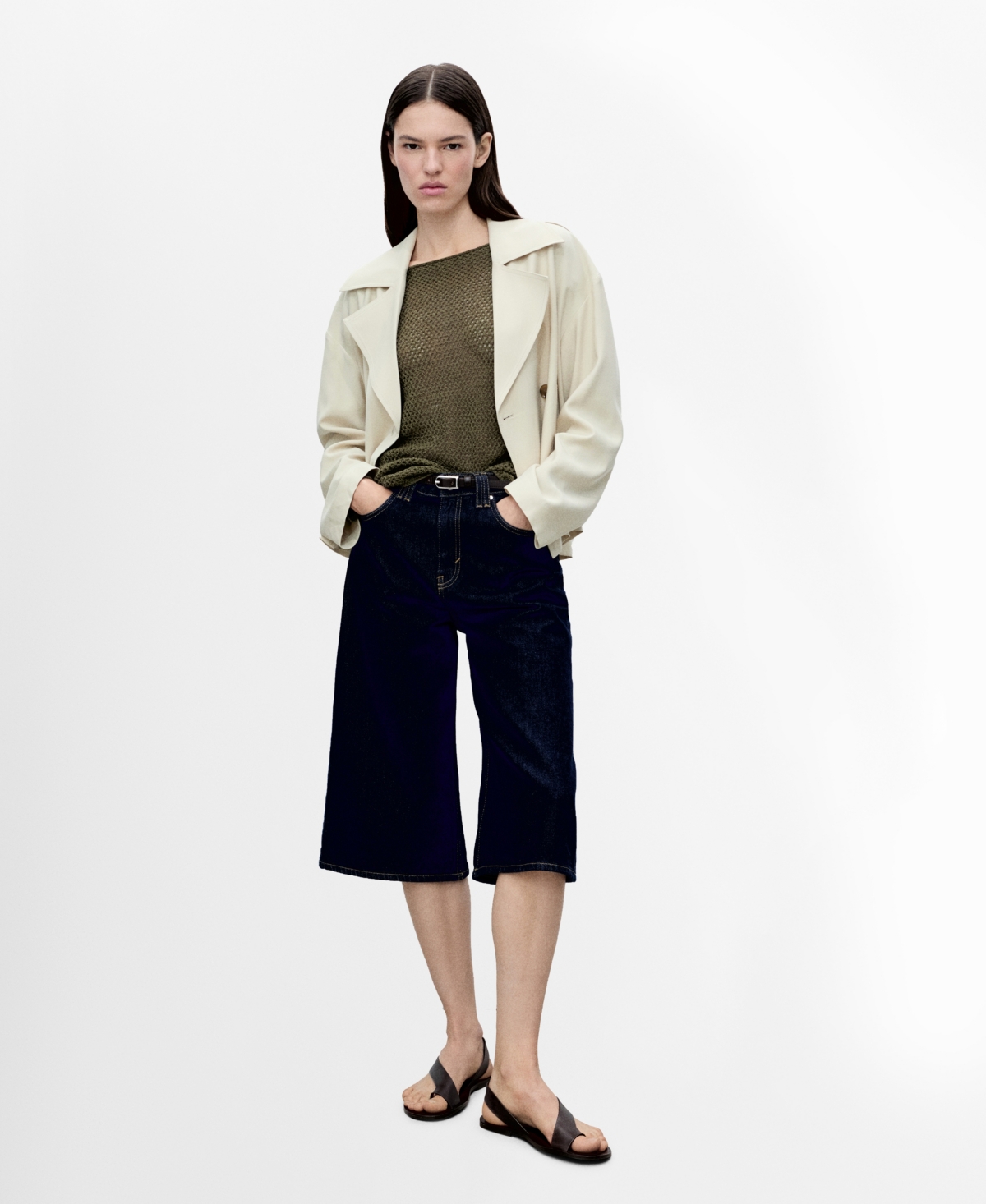 Mango Openwork Knit Boat Neck Sweater Khaki In Khaki