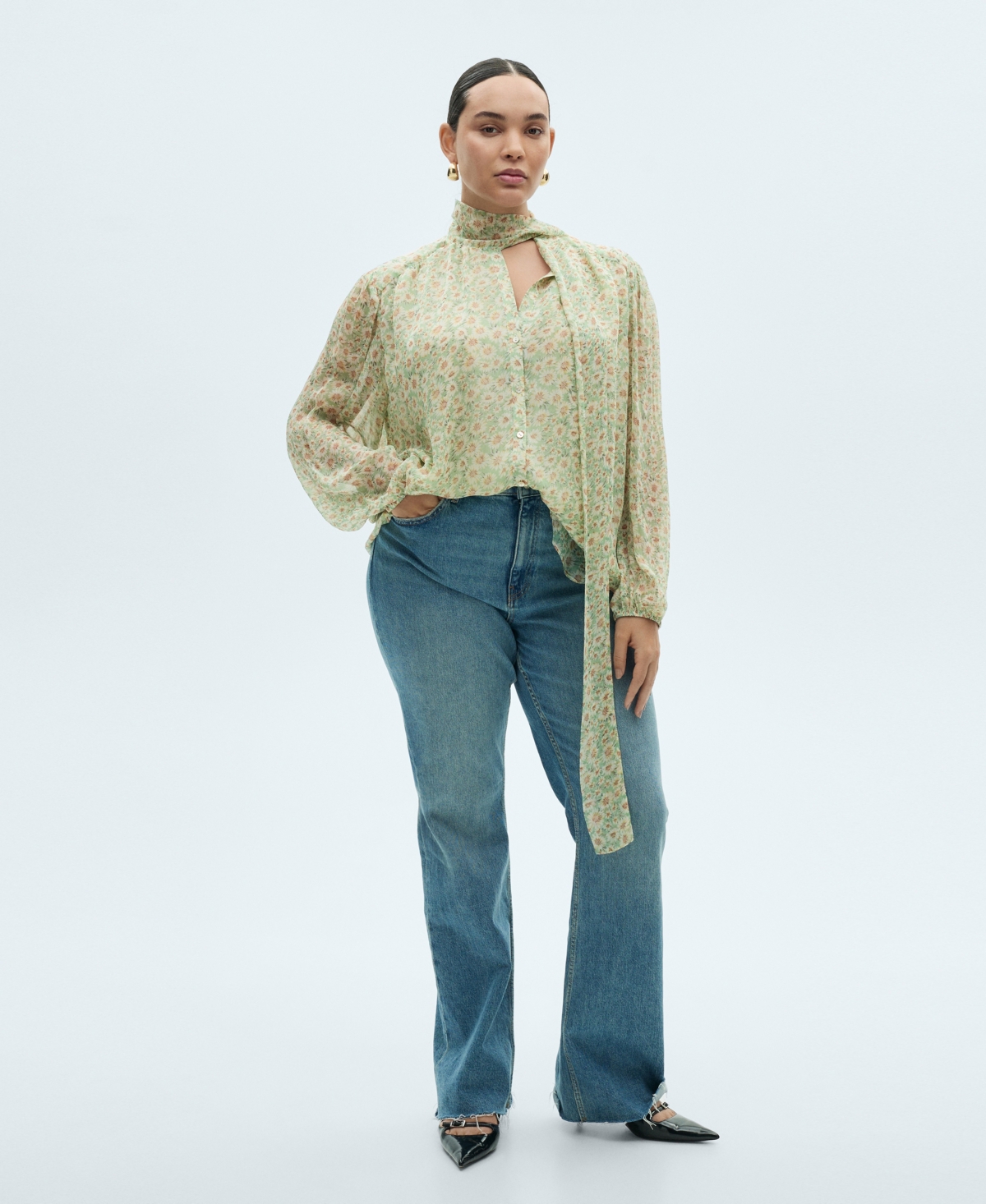 Mango Floral Tie Blouse Green In Green