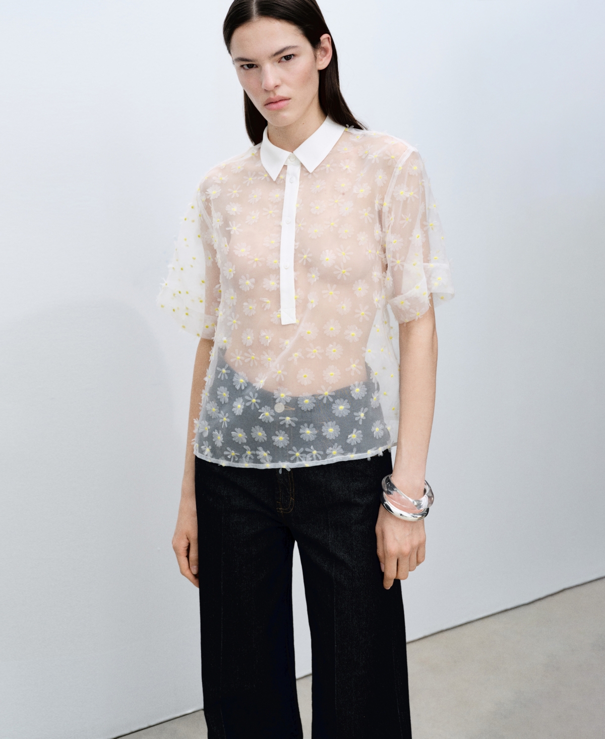 Mango Semi-transparent Shirt Embroidered With Flowers Off White In Off White