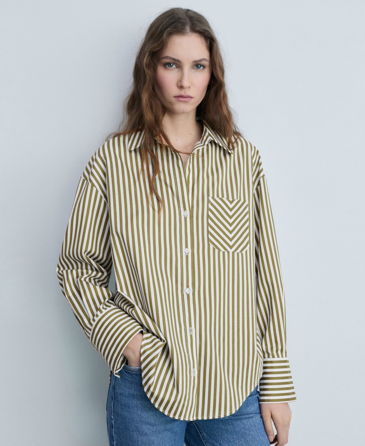 Mango Stripe Cotton Blend Button-up Shirt In Green
