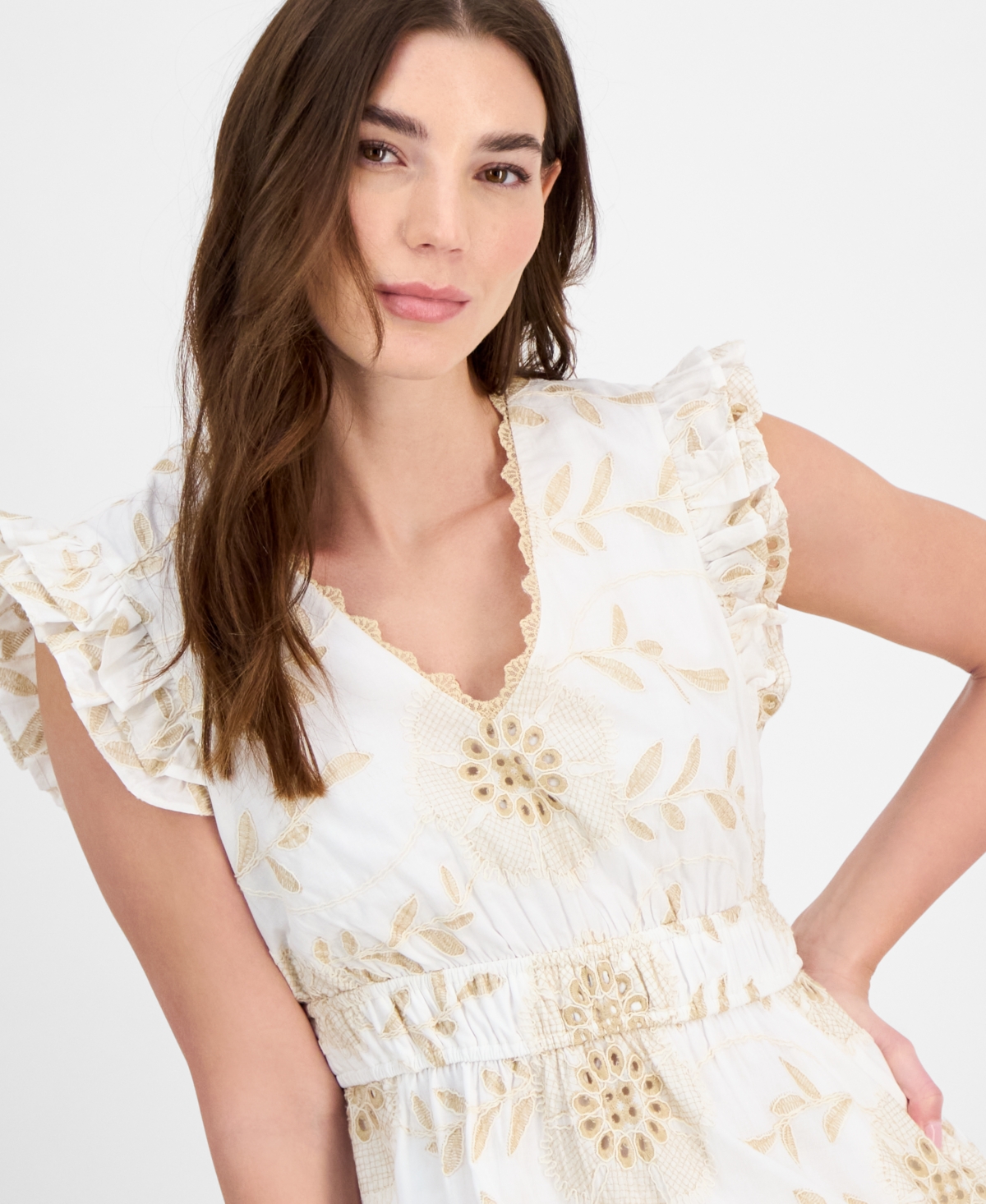 Anne Klein Embroidered Eyelet Cotton Ruffle Dress
