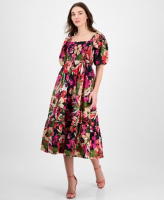 Anne Klein - Women's Smocked Puff-Sleeve Floral Midi Dress