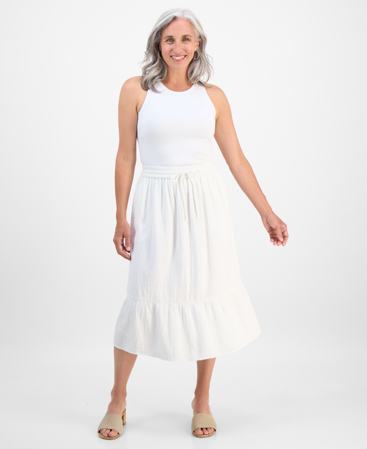 Petite Cotton Gauze Tiered Pull-On Midi Skirt, Exclusively at Macy's - Stone Wall