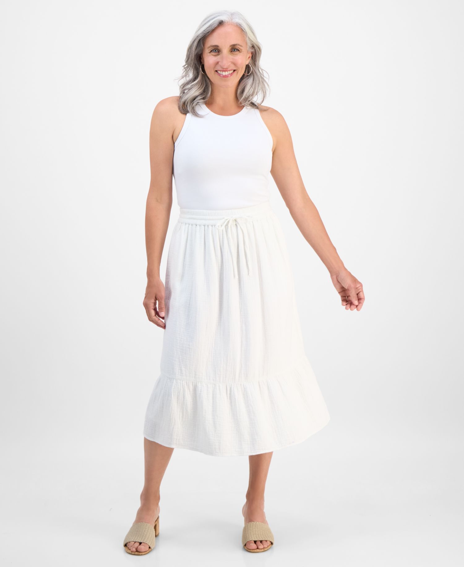 Petite Cotton Gauze Tiered Pull-On Midi Skirt