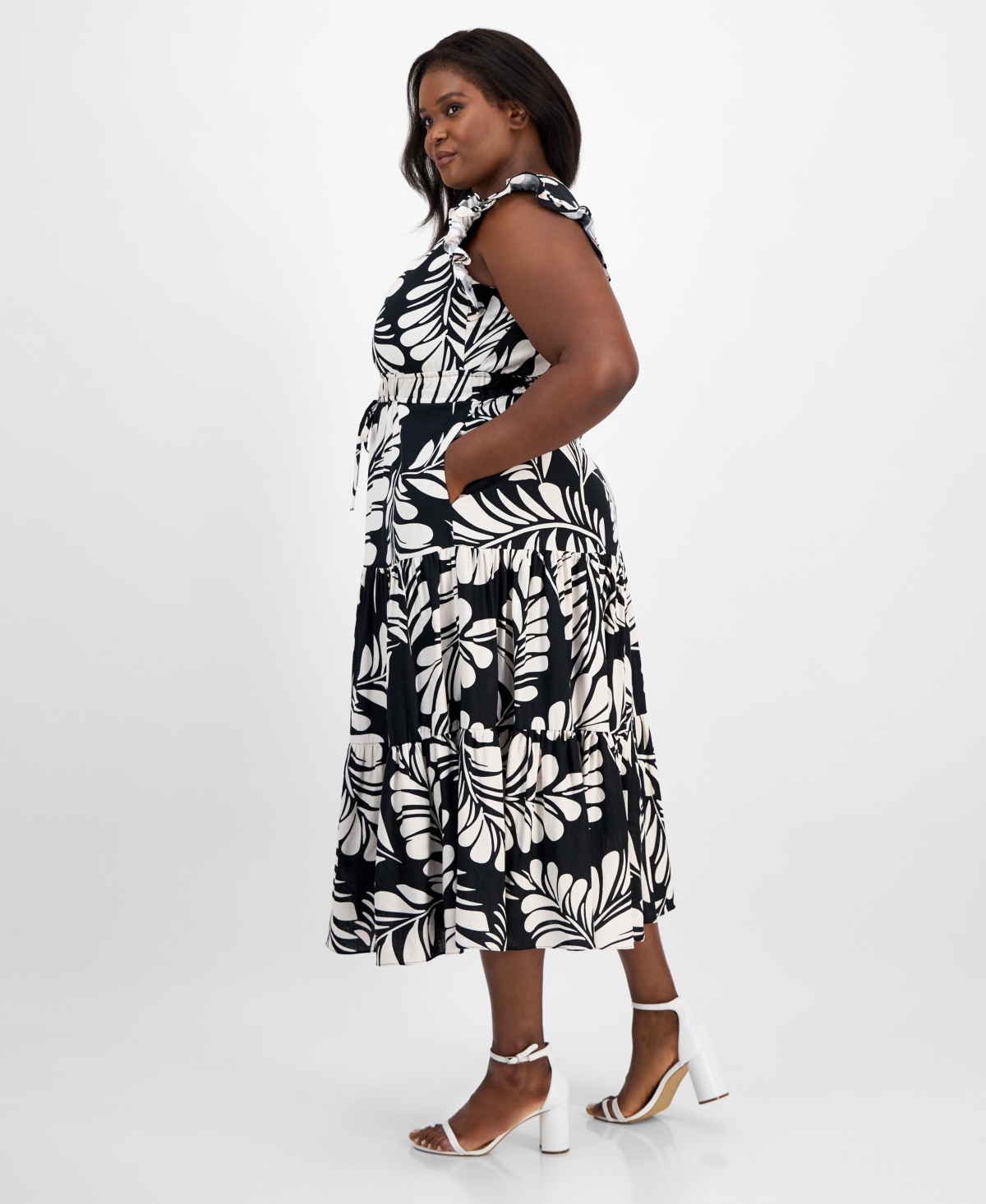 Anne Klein Plus Size Printed V-neck Ruffled Midi Dress In Black