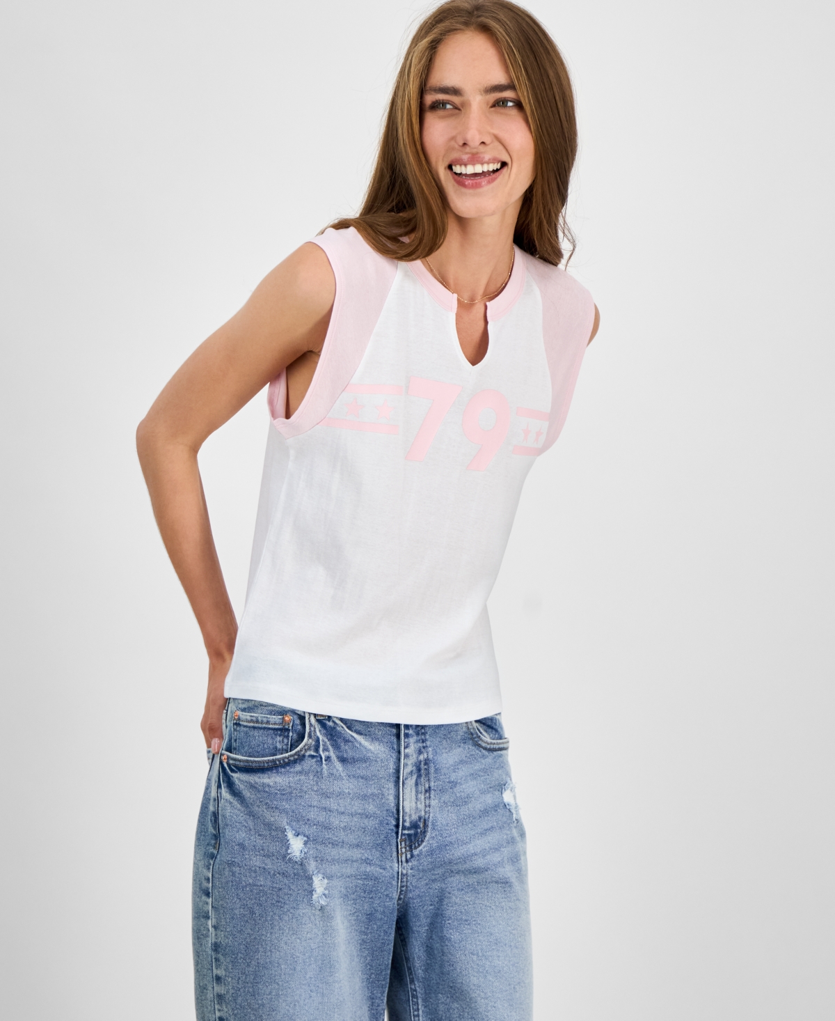 Juniors' 79 Raglan-Sleeve Graphic T-Shirt - White/Pink