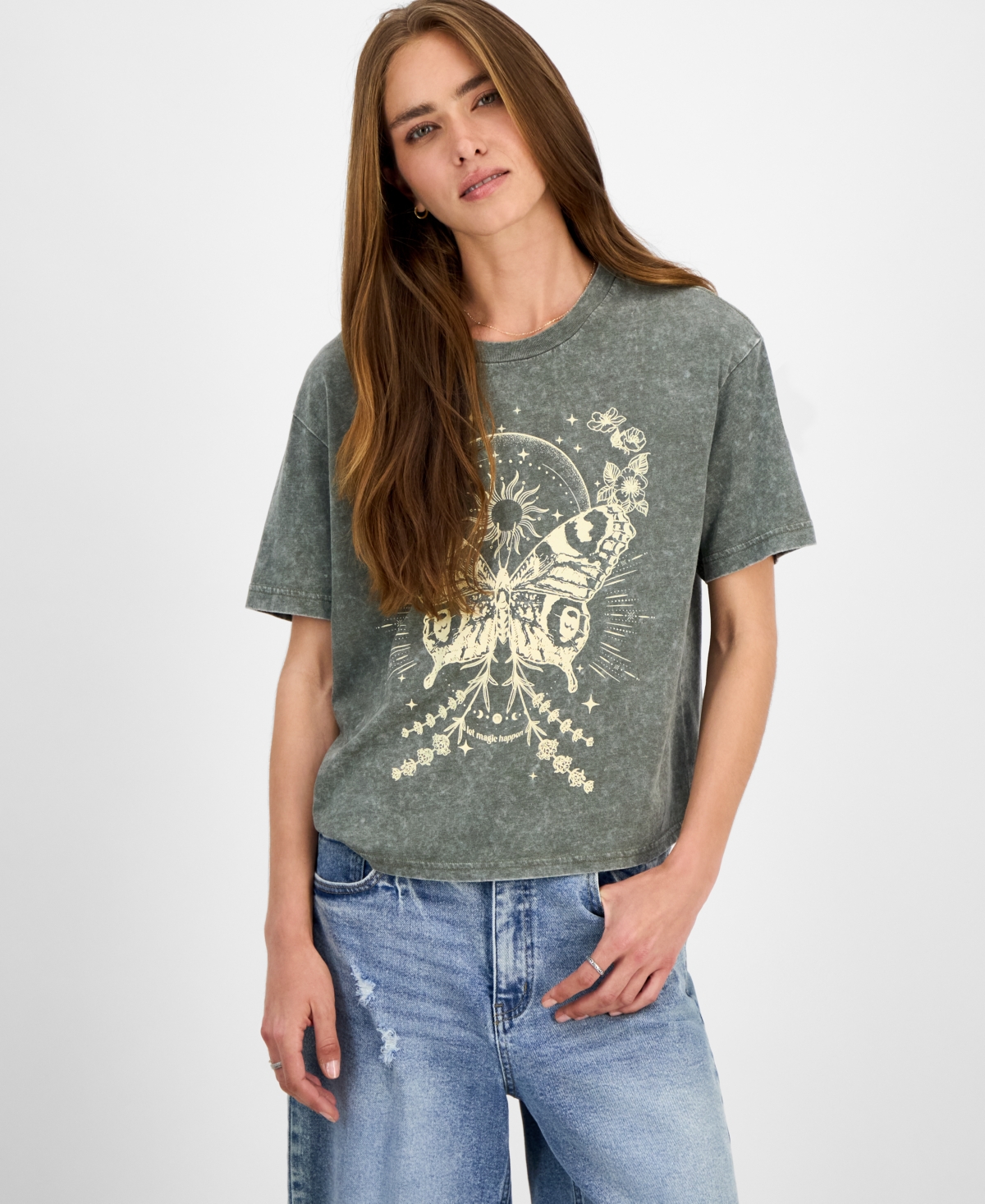 Juniors' Butterfly Mineral Wash Graphic T-Shirt - Dusty Olive