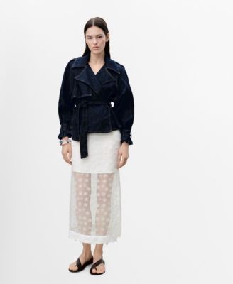 MANGO - Women's Floral Embroidered Semi-Transparent Skirt