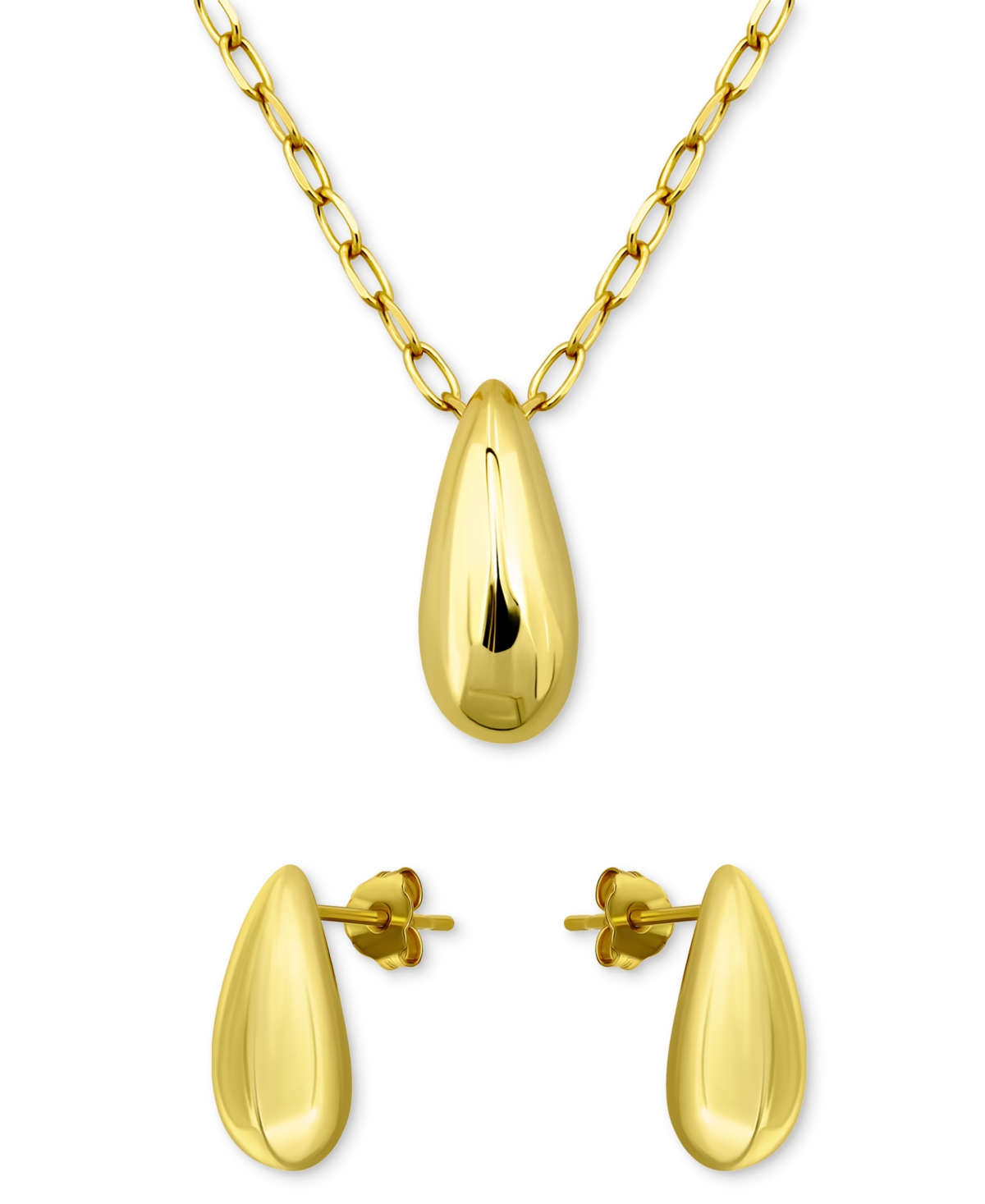 2-Pc. Set Polished Teardrop Pendant Necklace & Matching Stud Earrings - Gold Over Silver