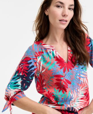 Women's V-Neck Elbow Raglan-Sleeve Printed Blouse