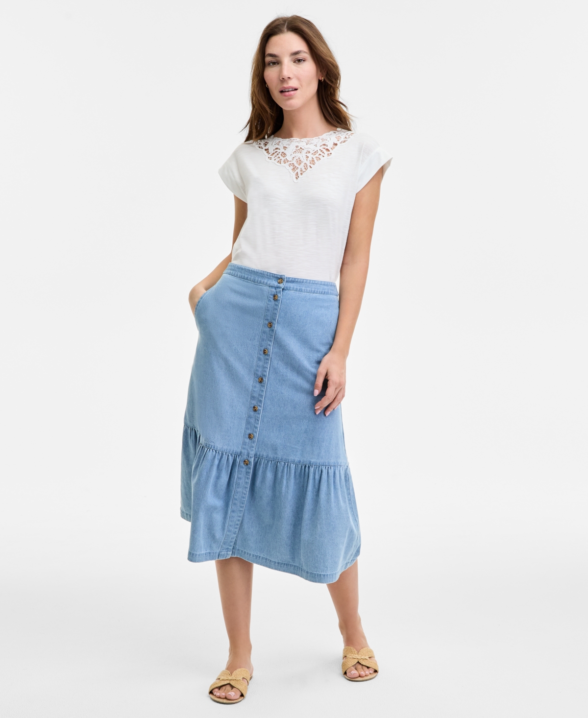Women's Tiered Button-Up Cotton Chambray Skirt - Pale Wash