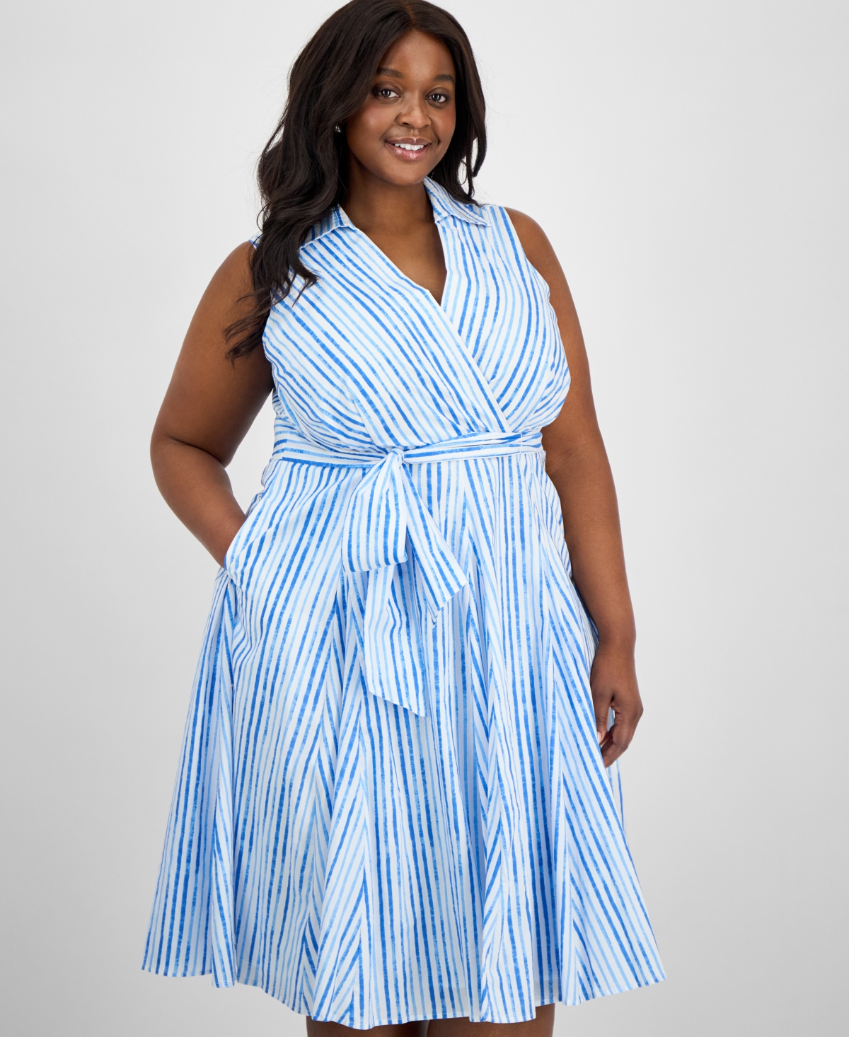 Tahari Asl Plus Size Cotton Striped Faux-wrap Shirtdress In Blue